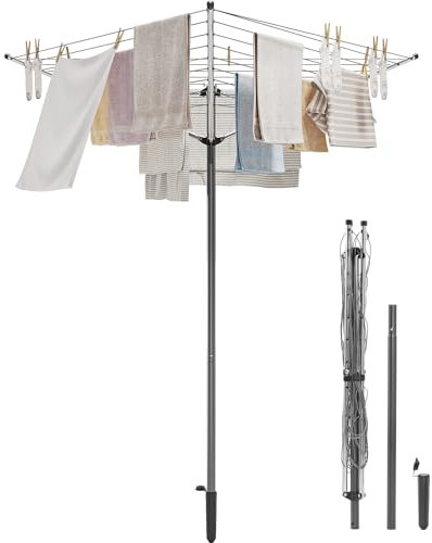 SYKIARIOL 3 Arm Rotary Washing Line, 30M Folding Clothes Line, Outdoor Clothes Dryer with Ground Spike and Tie, Heavy Duty Clothes Airer, Non-Slip Washing Lining, Grey