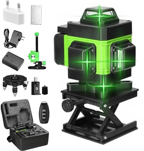 Niveau Laser 4 x 360°, 8/12 / 16 Lignes Laser, Niveau Laser Vertical Horizontal Autonivelant, Support Rotatif, avec Batteries USB Rechargeables 2600 MAh, Support Rotatif (16 Lignes Avec Base)