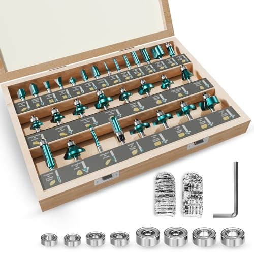 METOTY 41-tlg.professioneller Fräser-Set-8 mm Schaft Hartmetall.Für DIY & Holzbearbeitungs projekte.Verpackt in einer Holzkiste zur Aufbewahrung.mit zwei zusätzliche schnittfeste Fingerpads.