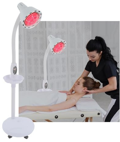 Lámpara de luz roja infrarroja, lámpara terapéutica, 275 W, giratorio 360° y ajuste de altura de 49-63 pulgadas, radiador de calor 0-115 °C + temporizador de 5 – 60 minutos para aliviar la tensión
