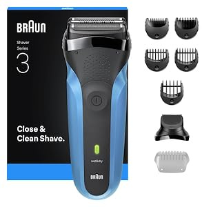 Braun Series 3 Rasierer Herren Elektrisch, Elektrorasierer mit 3 Flexible Klingen, Rasierapparat, Barttrimmer Aufsatz, +5 Kammaufsätze, Nass- & Trockenrasierer für Männer, 310BT, Blau