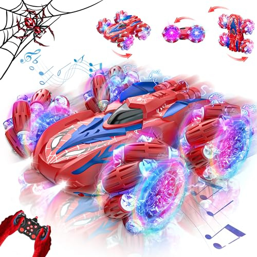 Kssvzz Spider fjärrstyrd bil, 360° volt RC stuntbilar med coola ljus och musik för barn 3 4 6 5 7 8+, 2,4 GHz monstertruck för pojkar och flickor födelsedagspresenter julklappar leksaker ålder 3-10