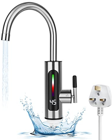 220V 3000 W Tap with Instantaneous Water Heater, 360° Swivelling Hot and Cold Water Tap, Instantaneous Water Heater Stainless Steel Tap with LCD Temperature Display for Kitchen, Sinks (C)