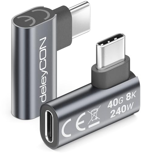 deleyCON USB-C-Adapter 90° Vinkel Platt (2 St) 40 Gbps, 240 W, 8K60 Hz, USB 4.0, Aluminiumhölje, USB-C-Hane till Hona för Smartphone, Surfplatta, Laptop, Notebook, MacBook, PS5 m.m.