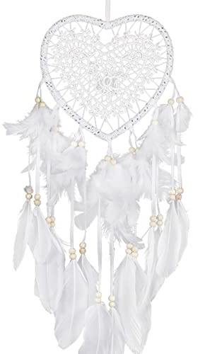 Cuifati Attrape-rêves Romantique en macramé en Forme de Cœur avec Lumière pour Décoration Murale de la Maison, 23,6 Pouces, Attrape-rêves en Forme de Cœur en Plumes pour la Maison, le Mur, la