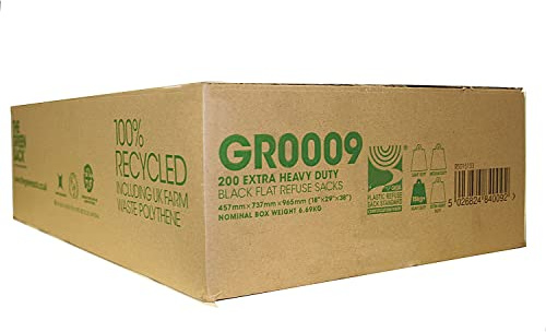 THE GREEN SACK Heavy Duty 15kg Capacity Black 100% Recycled Refuse Sacks In A Dispenser Box of 200 18x29x39