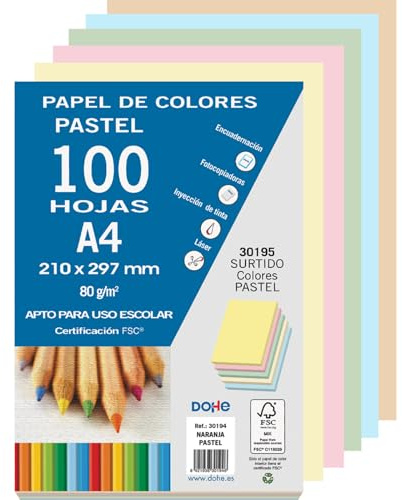 DOHE - Papier A4 coloré de 80 g couleurs pastel assorties - 100 feuilles 30195