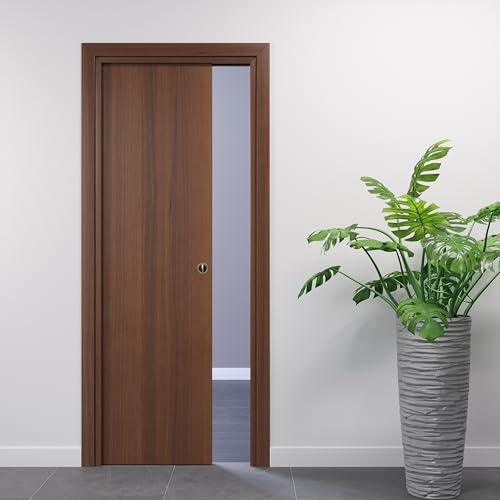 Porte Italiane, Porta Scorrevole Interno Muro, Porta a Scomparsa in Legno, Telaio in HDF e Coprifili Waterproof, Colore Noce Nazionale, 70x210 cm, con Serratura Cromo Satinato