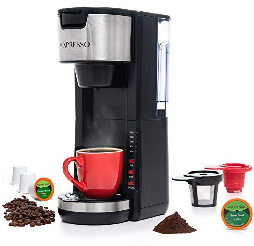 Mixpresso Black Single Serve Coffee Brewer K-Cup Pods Compatible & Ground, 30 oz Compact Coffee Maker Single Serve With 5 Brew Sizes Up To 14 Oz, Fits Travel Mug, Adjustable Drip Tray
