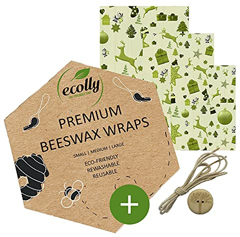 ecolly Involucri di cera d'api - Set di 3 (S, M, L), Salviette di cera d'api, Carta di cera d'api, Premium Beeswax Wraps, Plastica libera e riutilizzabile, senza olio di jojoba - Xmas