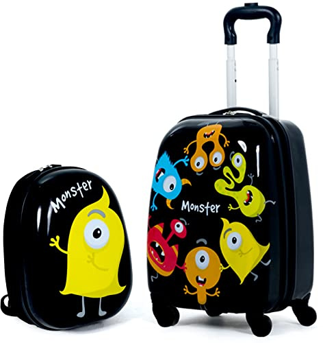 BABY JOY 2 PC Kids Luggage, 16 Toddlers Carry-on Suitcase & 12” Backpack Set, Children Travelling Case w/ 4 Casters & Retractable Handle, Lightweight Trolley Case for Boys & Girls (Monster)