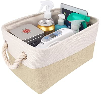 Mangata Storage Boxes, Small Fabric Storage Baskets with Rope Handles for Cupboards, Shelves, Wardrobe, Toys, Clothes (Foldable, Light Khaki White)