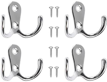 Yesmin 4 Pcs Double Prong Robe Hooks, Dual Coat Hooks Wall Mounted Hanging Clothes for Bathroom Bedroom Door Wall Retro Metal Cloth Hanger Double Coat Hooks with 8 Screws (Sliver)