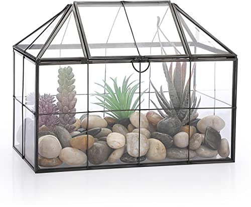 SUMTree Black Glass Plant Terrarium with Square Grid, Garden Moss Container with Swing Lid, Airplant Display Box for Succulent Plants, Glass Rectangle Indoor Air Plant Container, Black