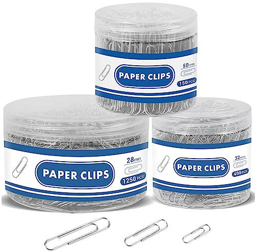 1800 Paper Clips Assorted Sizes Large, Medium and Small, Durable and Rustproof, Paperclips for Office School and Personal Use, Office Supplies Document Organizing (50mm, 33mm, 28mm) (Silver)