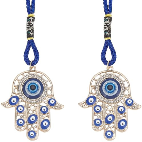 CRASPIRE 2pcs Hamsa Main Amulette Pendentif Main de Miriam avec Mauvais Œil Suspendu Ornement Pendentif Décorations Bleu Chanceux Protection Alliage Émail Décor Accessoires Cadeau pour Voiture