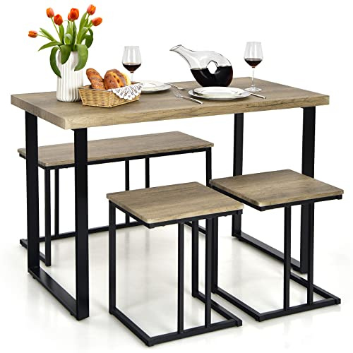 RELAX4LIFE Tavolo da Pranzo 4 Pezzi, Set Tavolo Cucina con Panca 2 Sgabelli, Tavolo da Bar con Struttura in Metallo, Gruppo Sedute per 4 Persone, Design Industriale, Rovere Grigio