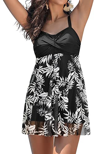 SHEKINI Maillot de Bain Une pièce élégant pour Femme - Jupe de Bain rétro Dos Nu - Robe de Bain plissée - Robe de Bain Ventre Plat - Jupe de Bain, Noir, XXL