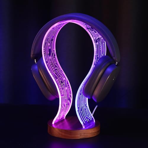 Ammonite Kopfhörerständer - Walnussholz Gaming Schreibtisch Accessoire mit LED-Leuchten, USB-Strom & PCB-Muster Gamer Freund Junge Mann - Blau & Rosa Licht für Game Room Decor
