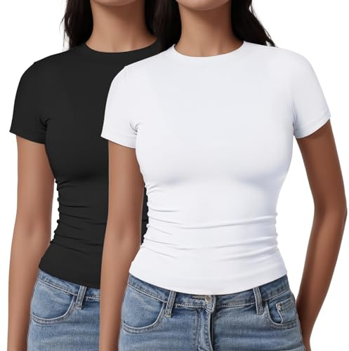 YOGINGO 2 Pack Women's Basic Short Sleeve Crop Tops Crew Neck Baby Tees T Shirts Slim Fit Tees Plain Going Out Y2k Plain Cute Tops Tight Fitted Compression Baby Tee Shirts Trendy Clothes 2026