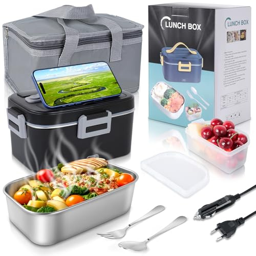 Romon Scaldavivande Elettrico Portatile, 1.8L Porta Pranzo Termico 3 in 1(12V/24V/220V) per Auto Camion e Ufficio Lunch Box Riscaldatore 75W Scalda Vivande Portatile con Forchetta e Cucchiaio,Nero
