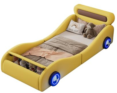 Billg Letto Auto per Bambini 90 x 200cm, Letto Imbottito Macchina con Rete a Doghe e Contenitore, Struttura Lettino Singolo Forma di Auto, Raffreddare Ruote Luminose, Protezione Anticaduta, Pu