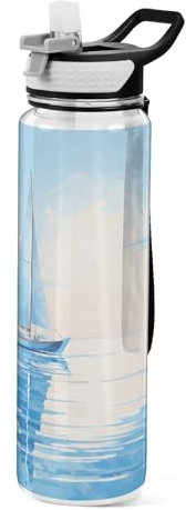 Mnsruu Bouteille d'eau de 1 l avec paille - Étanche - Sans BPA - Motif bateau à voile - Pour homme, femme, enfant