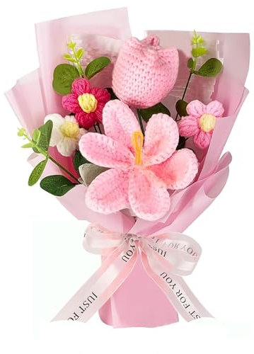 Bouquet di fiori all'uncinetto lavorato a maglia, bouquet di tulipani artificiali per anniversario, laurea, decorazione della casa