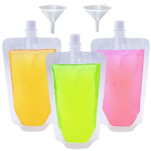 Yelinosk 20PCS Clear Drink Pouches 380ml with Caps and Funnel for Festivals,Leak Proof Alcohol Juice Liquid Pouches Bags, Beverage Bags, Plastic Hip Flask for Parties, Picnic, Travel, Sports