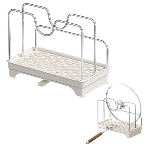 mimzemamz Organizador Fregadero con Bandejade Drenaje,Soporte para Tapas Ollas y Trapos,Diseño Ventosa,Soporte Estropajo Fregadero sin Taladrar para Fregaderos de Cocina y Baño,1 Pieza,Blanca