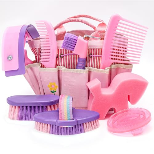 Boîte de Toilettage pour Cheval, Kit de 9 Brosses avec sac de Rangement Série Equine Care pour le Toilettage et le Bain du Cheval, Rose