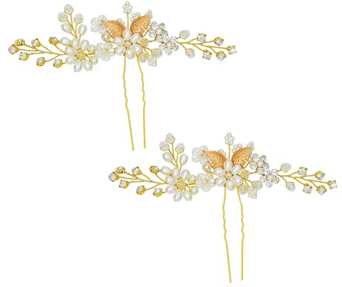 Flayem 2 Stück Golden Hochzeit Haarschmuck,Perlen Haarspangen,Blume Braut Haarnadel