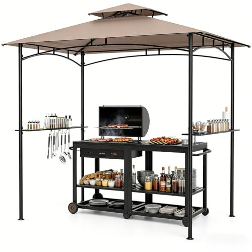KOMFOTTEU Grillpaviljong, grillpaviljong med dubbelt tak och solskydd, grilltak med 2 sidohyllor och 6 krokar, grillskydd med metallram för trädgård och terrass, 242 x 150 x 250 cm (brun)