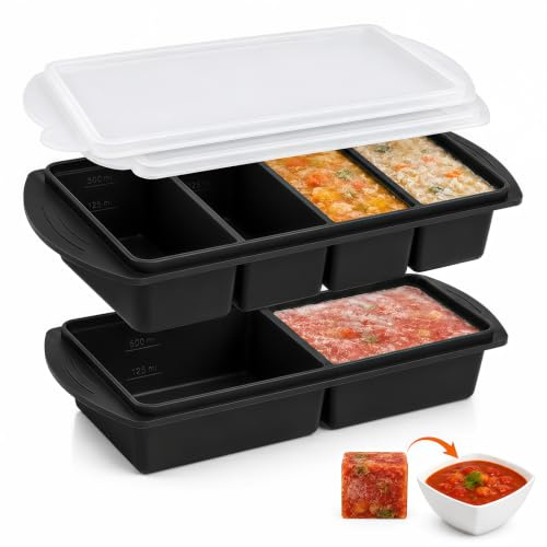 Frysform av silikon med lock, 2 stycken frysplattor i silikon (2 st + 4 fack), stapelbara frysbehållare med skala 250–500 ml, frysbehållare för soppa, iskub, buljong eller sås