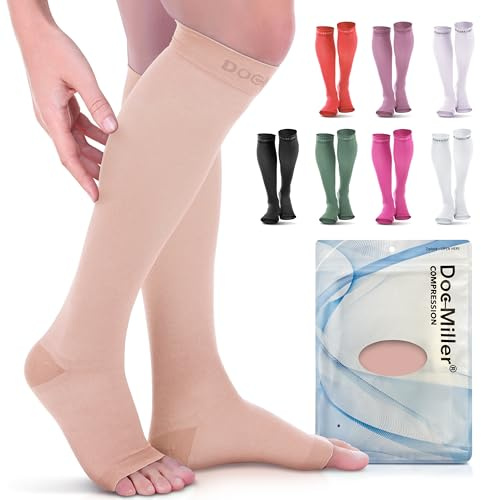 Doc Miller Open Toe Compression Socks, 20-30 mmHg, Toeless Compression Sleeves for Legs, Knee High Stockings for Shin Splints, Varicose Veins, Travel, Calf Support & Muscle Recovery, Men & Women, Pair