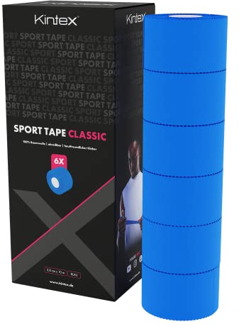 Kintex 6 rotoli di nastro sportivo, 3,8 cm x 10 m, nastro rigido non elastico, per il fissaggio e la stabilizzazione delle articolazioni, nastro per dita, nastro per bendaggi (Blu)