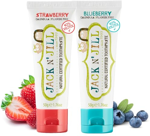 Jack N' Jill Natural Toothpaste for Kids - Fluoride Free Toothpaste, 40% Xylitol, BPA Free - Strawberry & Blueberry, 1.76 oz (2 Pack)