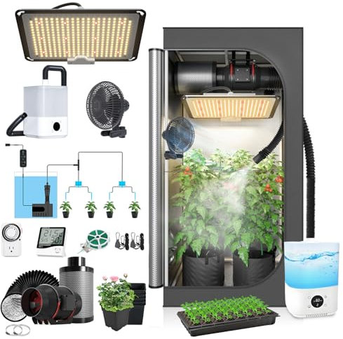 TopoGrow Upgrade Integrated Auto Grow Tent Kit Complete Kit, S1000 LED Grow Light, 32x32x64 Grow Tent, 4“ Ventilation with Inline Fan, Carbon Filter, Irrigation Kit, Humidifier and Clip Fan