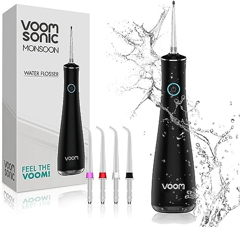 Voom Sonic Monsoon Cordless Water Flosser – IPX7 Waterproof (Black) – Water Dental Flosser for Teeth Cleaning, Braces & Sensitive Gums, Travel-Friendly, 4-Tips, 3 Speeds, Rechargeable