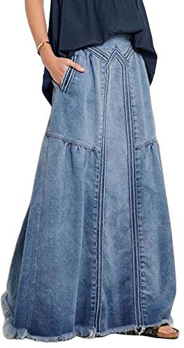ebossy, Gonna Lunga da Donna in Denim con Elastico in Vita sfrangiata, Linea ad A, Effetto Invecchiato, Stile Hippie, Blu, M