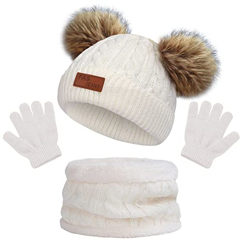 beifon Cappello a Maglia Bambini Invernale Sciarpa Guanti Berretto in Maglia con PomPom Ragazzi Berretto Sciarpa Beanie Cappello Scaldacollo per Ragazzo e Ragazza（3-8 anni） (Bianco)