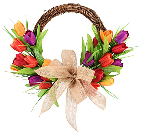WUHNGD Artificial Assorted Tulip Wreath 40 CM Silk Tulip Wreath Half Coverage Spring Summer Wreath Welcome Wreath for Front Door with Green Leaves & Burlap Bow