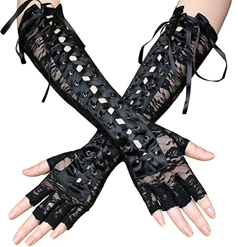 JKJF 1 par långa fingerlösa spetshandskar snörning ånga punk handskar blommor spetshandskar 80-talet opera fest handskar för halloween maskerad temafest – svart, svart, One size