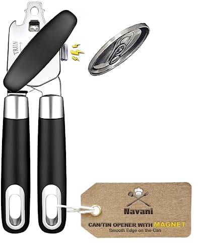 Navani Heavy Duty Can Opener with Magnet and 2 Extra Blades - Safety Manual Opener for Arthritis Hands, Compact Tin Cutter Black