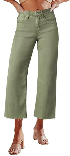 Allimy Women's High Waisted Straight Ankle Wide Leg Ripped Jeans Frayed Hem Stretchy Capri Denim Pants Olive Size 4