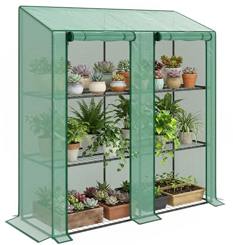 Outsunny Serra da Giardino con Copertura in PE e 6 Mensole a Rete, Serra Addossata da Balcone con 2 Porte Avvolgibili, 143x46x151cm, Verde