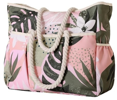 Vomgomfom 30L Große Strandtasche mit Reißverschluss, Faltbare Mehrtaschen für Einkauf Strand Lebensmittelgeschäft Fitnessstudio, Rosa+Grün