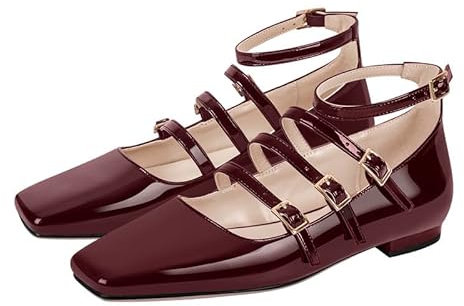 blingqueen Mary Jane Flats Shoes Women Dressy Comfortable Closed Square Toe Slip on Ballet Flat Low Heel Closed Square Toe Patent Leather Office Work Pumps Burgundy Size 2