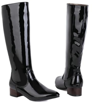 HXTYXCQ Femmes Cuir Verni Bottes Longues Mollet Large Bottes À Enfiler Imperméables Bout Pointu Bottes Hautes Au Genou avec Talon Épais,Noir,39 EU