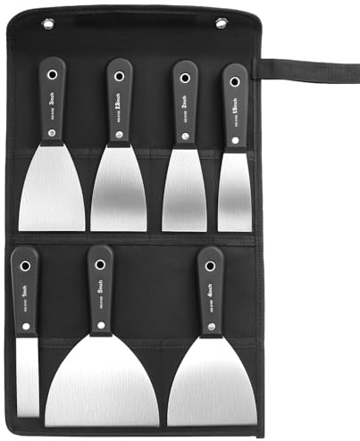 QWORK Lot de 7 grattoirs en acier inoxydable pour papier peint et peinture 2,5 cm/3,8 cm/5,1 cm/6,3 cm/7,6 cm/10,2 cm/12,7 cm avec poignées ergonomiques et sac de rangement pliable